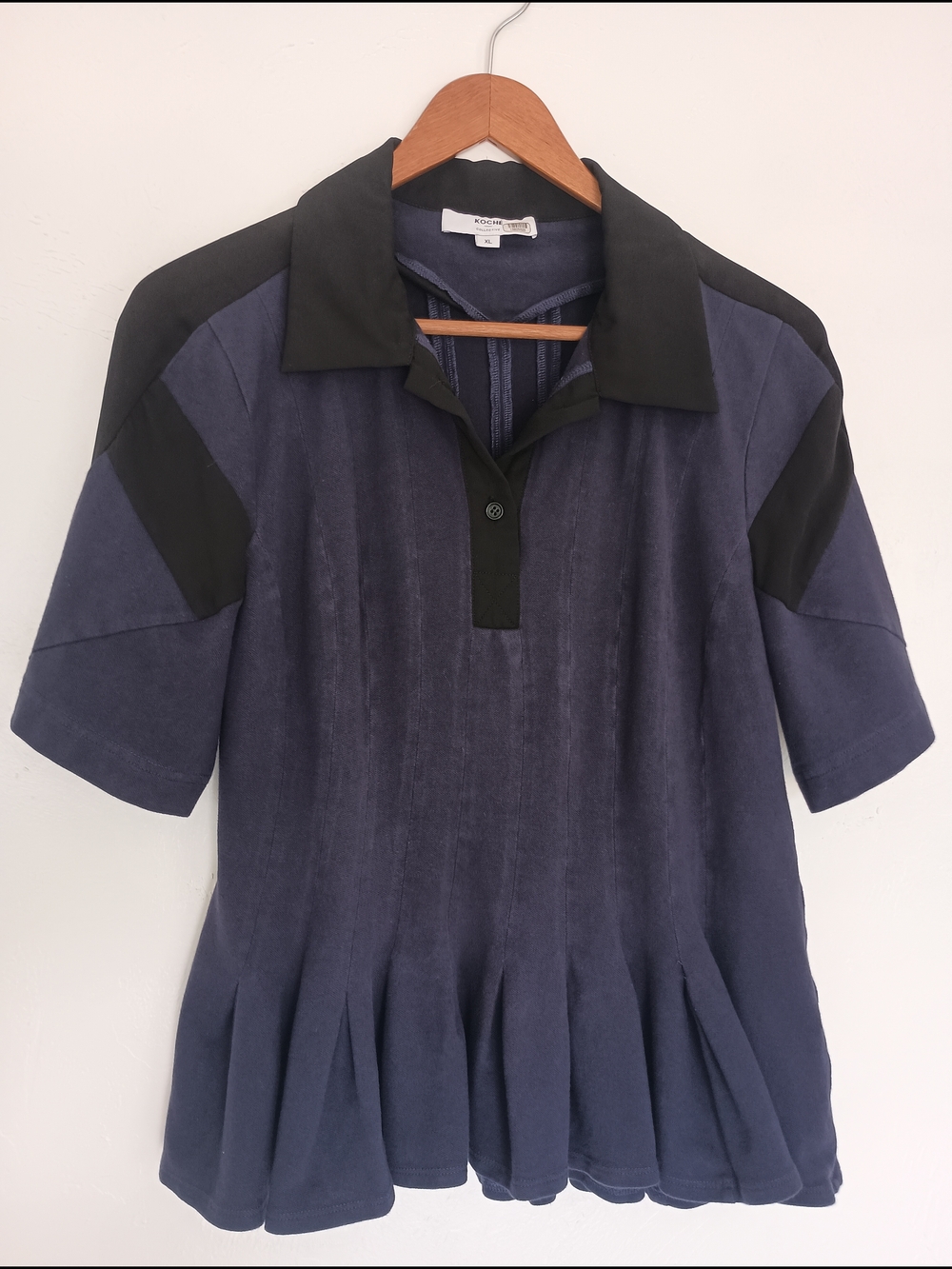 Koché Blouse Navy Black Pleated Collared Button Cotton Blend Short Sleeve XL